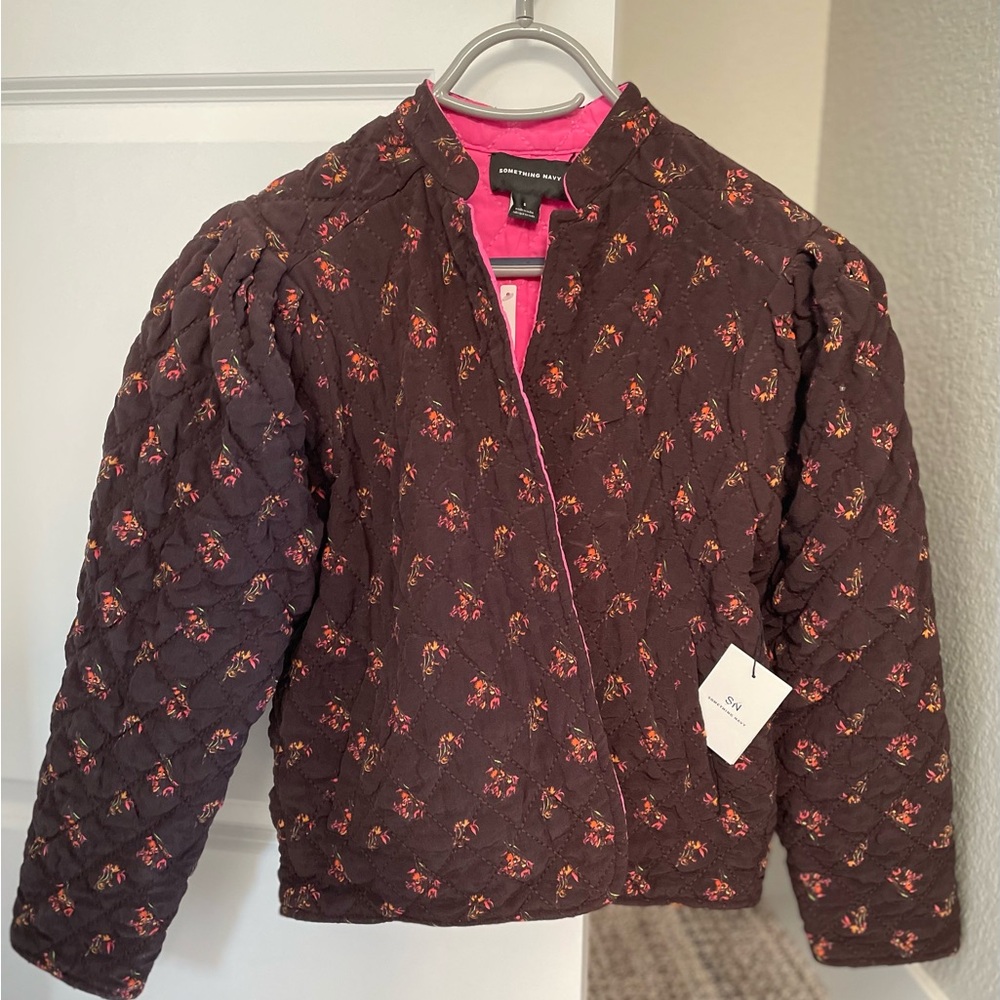 Something Navy Dark Brown Floral Quilted Jacket with Pink Interior